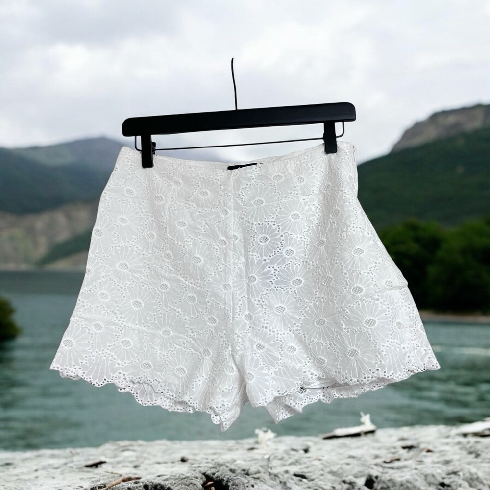 Lulus White Eyelet Cotton Shorts Sz M Lined‎ Side Zipper High Waisted